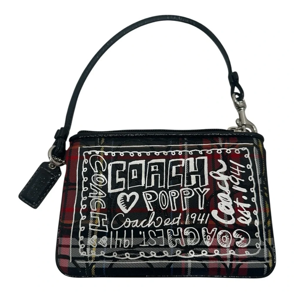 Coach Poppy Tartan Plaid Wristlet Black Red  Graffiti Patent Leather Y2K Vintage